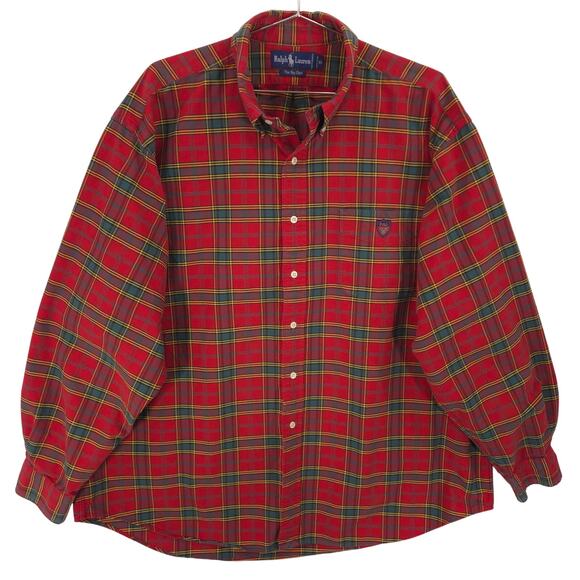 Ralph Lauren Big Shirt Mens XL Red Plaid Polo Crest Pocket Oxford Button Down - Picture 1 of 10